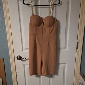 Tan Strapless Jumpsuit with Gold Chain Straps